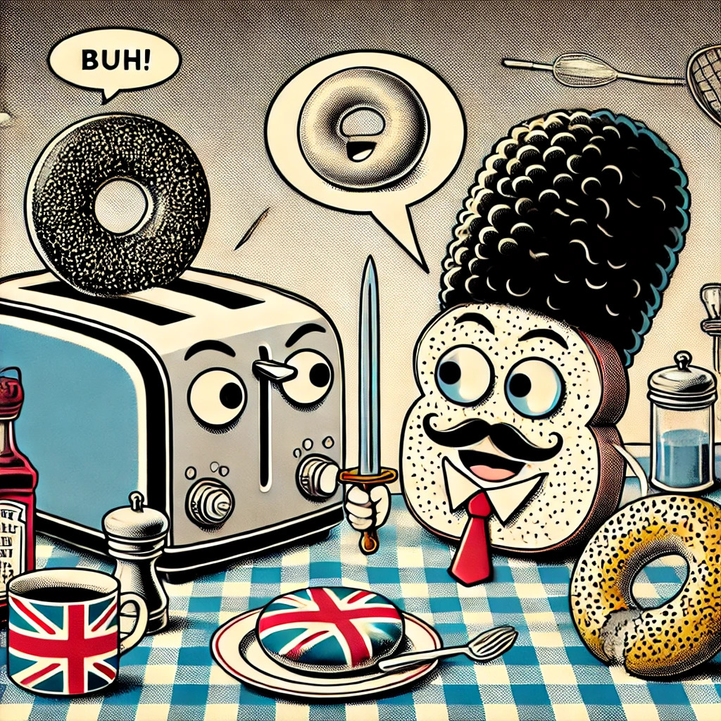 Anthropomorphic slice of bread discusses bagels with a talking toaster.