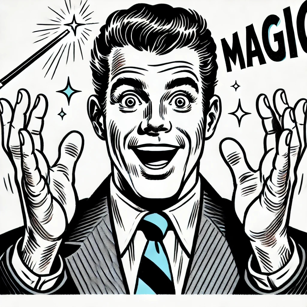 Smartly-dressed magician with raised arms and a delighted expression, as if revealing a magic trick.