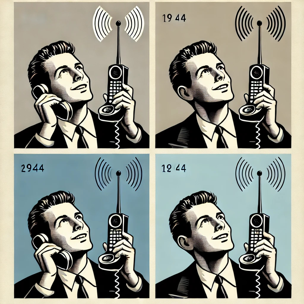 Man holding a landline phone handset with an aerial, looking skywards in wonder.