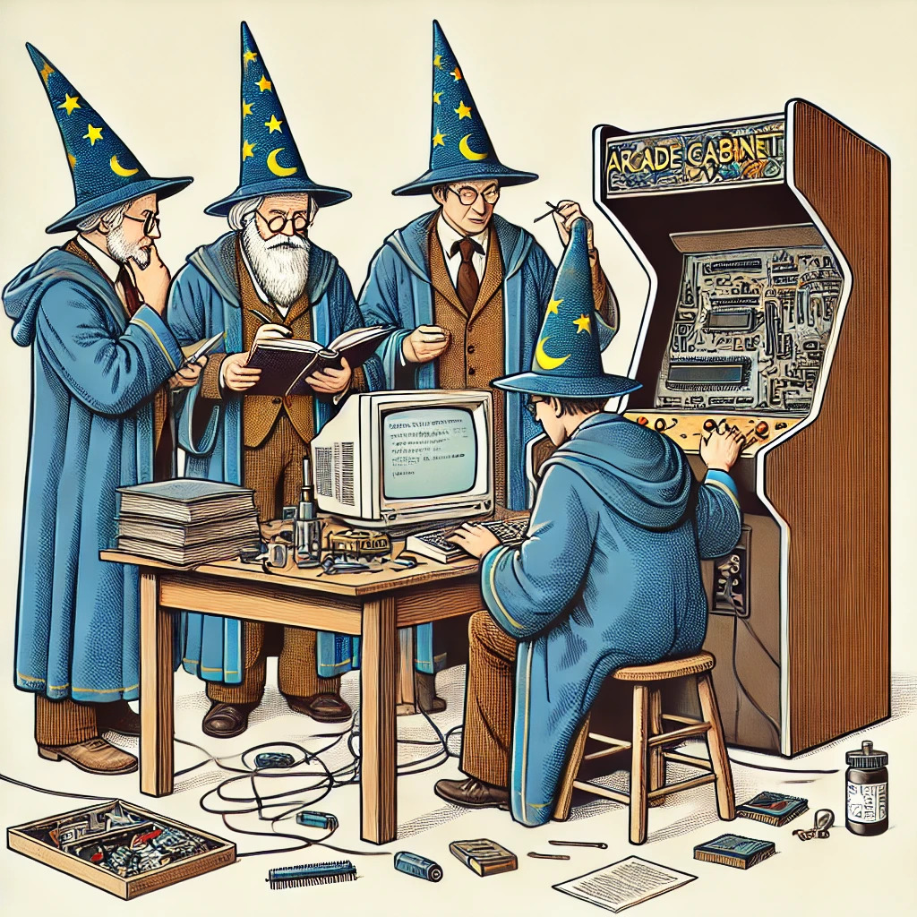 Wizard-historians analysing a disassembled arcade game cabinet.