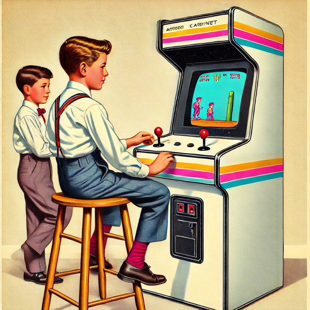 Boy on a bar stool playing a 1980s arcade game.
